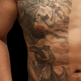 Black and Gray Tragedy Battle Scene Tattoo | Joel David McClure | Tough Love Studio