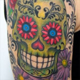 Green Sugar Skull Tattoo with Flowers | Joel David McClure | Tough Love Studio
