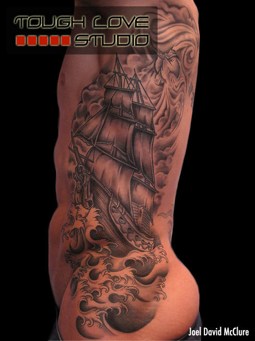 Black and gray ship rib tattoo