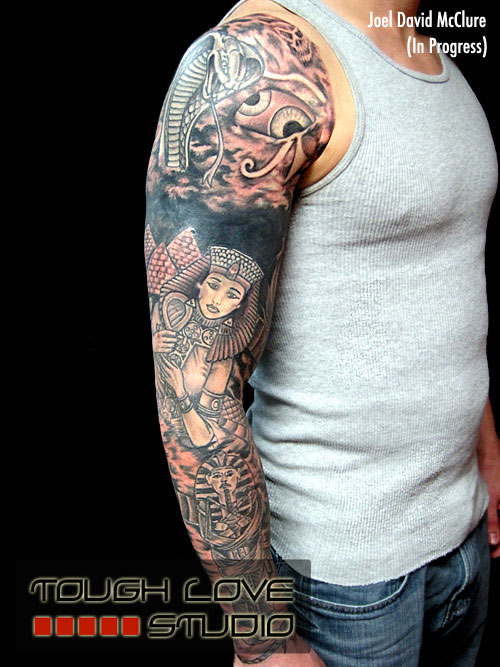 Egyptian sleeve tattoo, black and gray