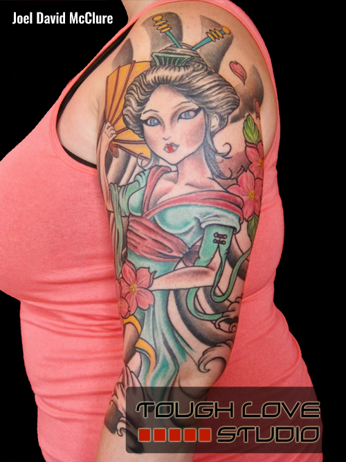 Geisha half sleeve color tattoo