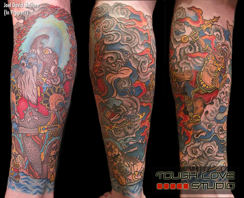 Tibetan Buddhist leg sleeve tattoo